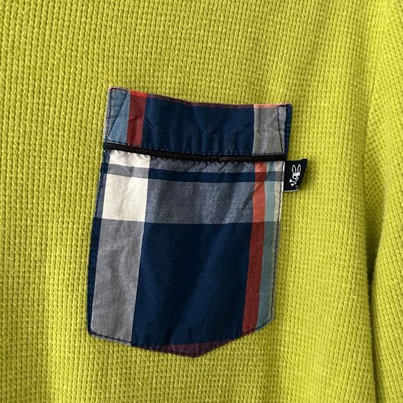 Psycho Bunny Waffle Knit Mens Long Sleeve Neon Yellow Green Plaid Pocket Medium - Picture 3 of 4